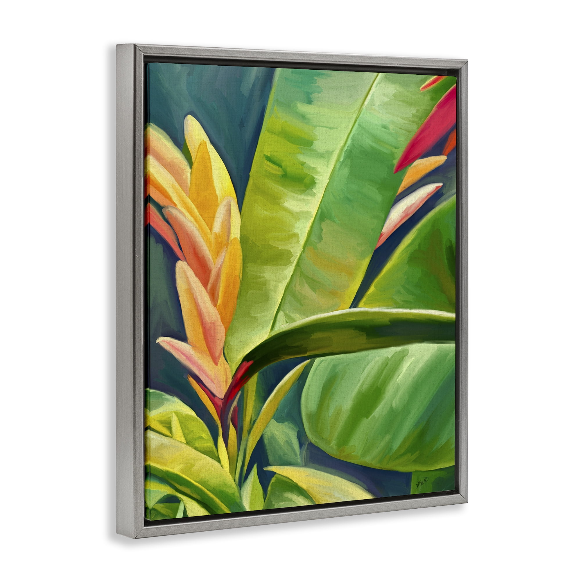 Stupell Industries Bright Tropics Greenery Botanical & Floral Painting Gray Floater Framed Art Print Wall Art, 25 x 31