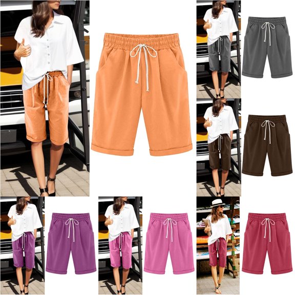 Rggeeun Womens Shorts Summer Elastic Waist Knee Length Cotton Knit with Adjustable Tie & Side Pockets Wide Leg for Party Night Versatile Bottoms,Orange,Xxxxxl
