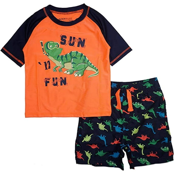 Quicksand Boys' 2-Piece UPF 50+ Rash Guard and Swimsuit Trunks Set (5/6, Orange Dino)