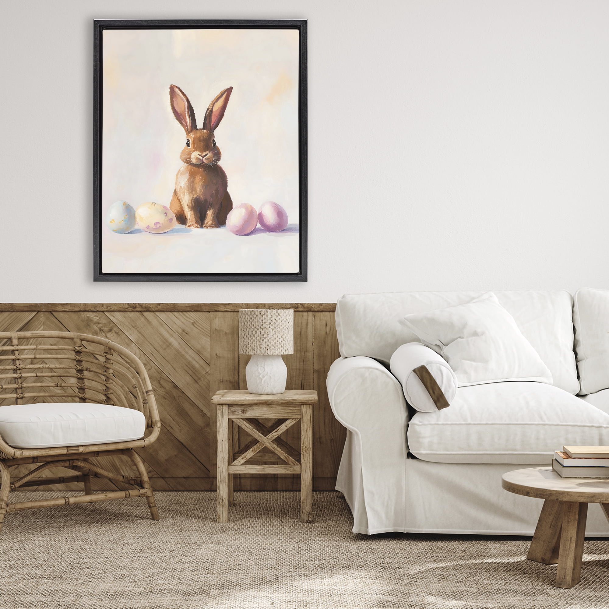 Stupell Industries Easter Bunny with Pastel Eggs Black Framed Floater Canvas Wall Art, design by The Prints Vibe