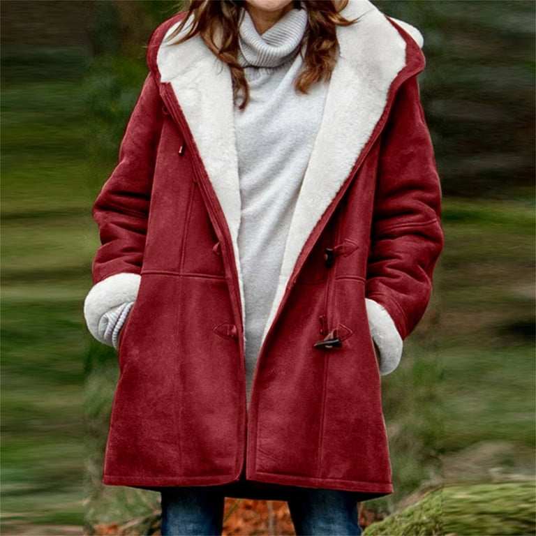 Women's Winter Warm Sherpa Lined Suede Leather Longline Coat with Horn  Buttons,Oversized Sherpa Fleece Outerwear Overcoat for Women