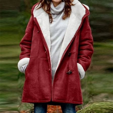 Womens Winter Jackets Clearance Sale,Winter Warm Sherpa Lined Coats Jackets for Women Plus Size Hooded Parka Faux Suede Long Pea Coat Outerwear