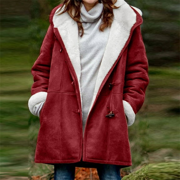 Womens Pea Coat Usmixi Winter Padded Fleece Overcoat for Women Warm Thickened Soft Plush Lined Hooded Coat Casual Solid Horn Button Outwear Jacket with Pocket 2023 Coats