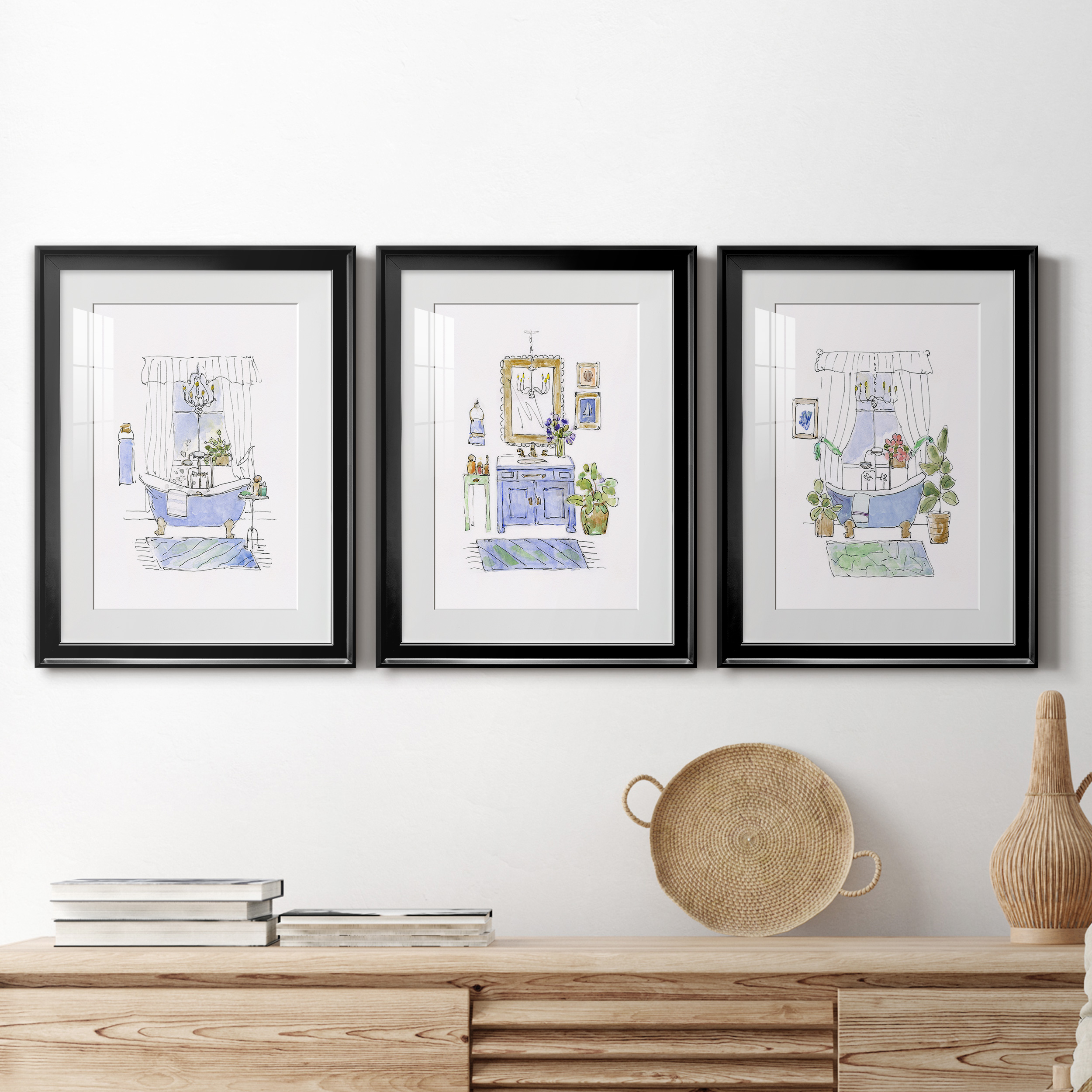 Sketchy Bath I Premium Framed Prints Set of 3 - Ready to Hang - 22 x 30 Each - Black Frame