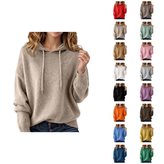 Women's Sweater Hoodie 2026 Fall Winter Casual Knit Solid Color Hooded Sweatshirt Pullover Top