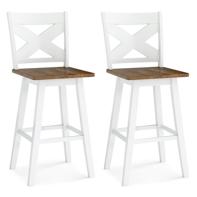Gymax 29'' Swivel Barstools Set of 2 w/Backrest Large Seat Footrest for Kitchen Island White & Walnut