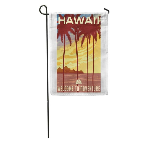 POGLIP Vintage Retro Travel United States Hawaii Sunset and Palm Trees Hawaiian Graphic Garden Flag Decorative Flag House Banner 12x18 inch