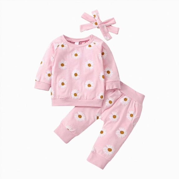 TOWED22 Toddler Infant Girls Fall Winter Clothing Outfits Cute Print 2 Piece Long Sleeve Graphic Tee and Elastic Waist Pants Clothes(Pink,6-12 M)