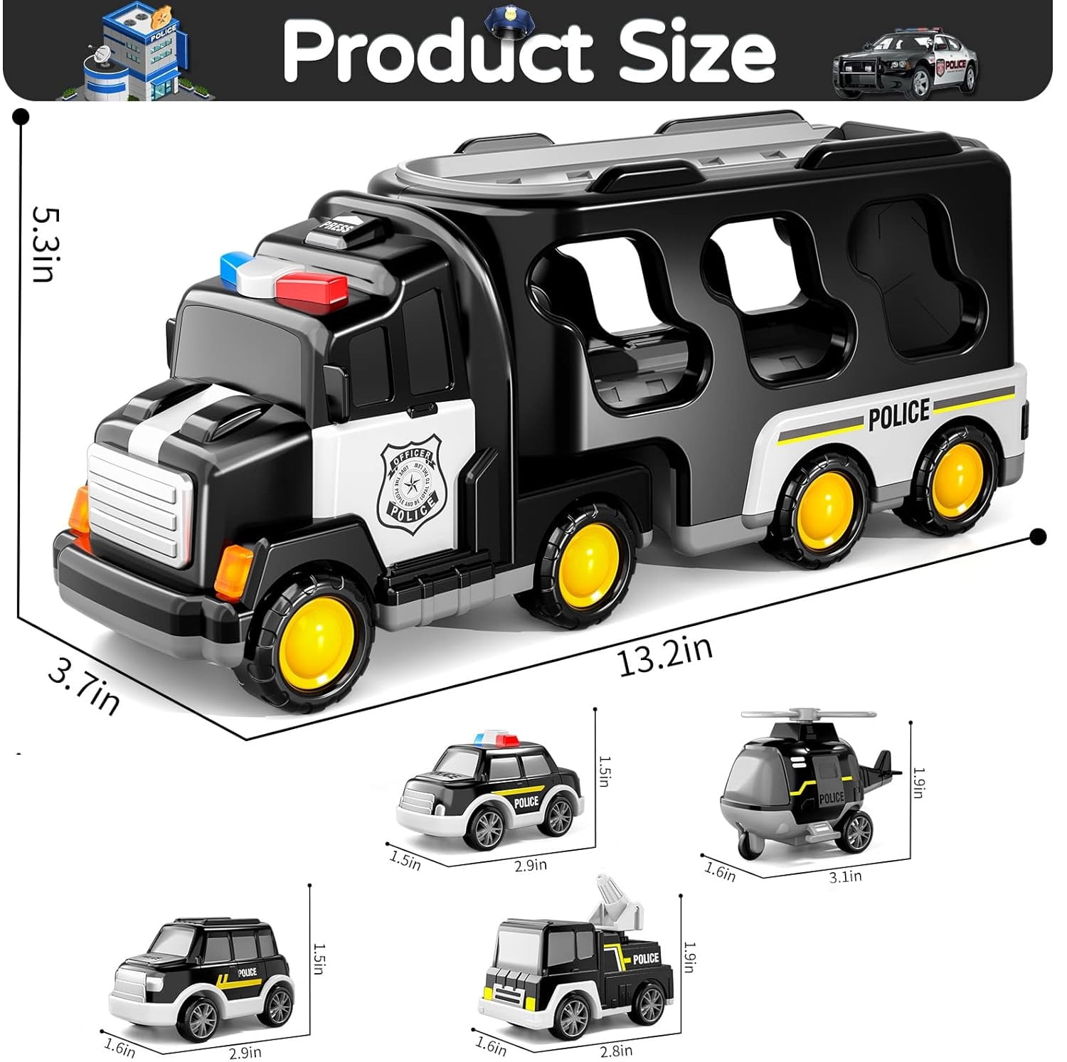 PayUSD Construction Toddler Police Truck Car Toys for 3 4 5 6 Year Old Boys 5 in 1 Construction Car Trucks Playset with Play Mat & Accesoories, Birthday Gifts for Toddlers Kids Boys Girls Age 3-5