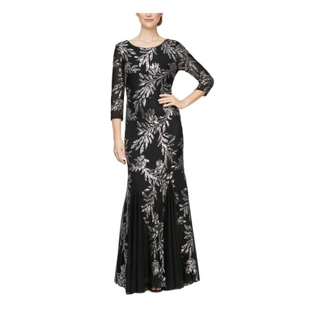 Alex Evenings Long Fit-and-Flare Dress with Godet Detail Skirt and 3/F4 Sleeves (Womens, Black/Pewter, 6)