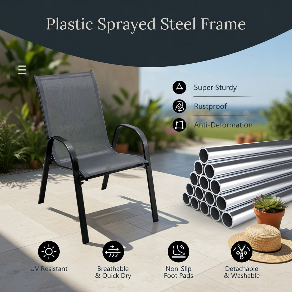 Hommoo 2-Pack Stackable Outdoor Dining Chairs with Armrests, Steel Frame, Breathable Fabric Seat, Easy Assembly Patio Chairs for Backyard or Deck, Grey