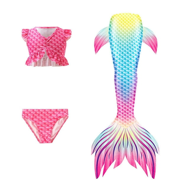 Girls Swimsuit Summer Split Swimsuits Colorful Fish Scale Ruffles Tops Briefs Fish Tail Set Girls Bathing Suit Sky Blue 4-5Y