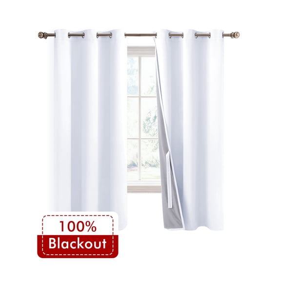 XWZO Curtains 63 Inches Long for Bedroom with Liner, White Total Blackout Curtain Set 2 Panels, Grommet Thermal Insulated Living Room Darkening Drapes with Tiebacks(White,42"W x 63"L)
