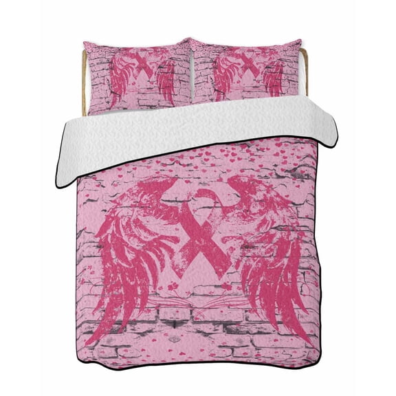 Full Size Quilt Bedding Set, Pink Ribbon Reversible Summer Quilt 3 Pieces, Wings Romantic Love Heart Flowers Retro Country Lightweight Bedspreads Coverlets with 2 Pillow Shams for All Seasons