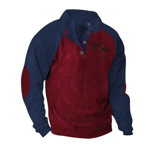 Blusa y camisa de manga larga con cuello alto para hombre, estilo casual, con estampado de palmeras color cacao, deportiva, con cuello alto, botones y patchwork, de poliéster.