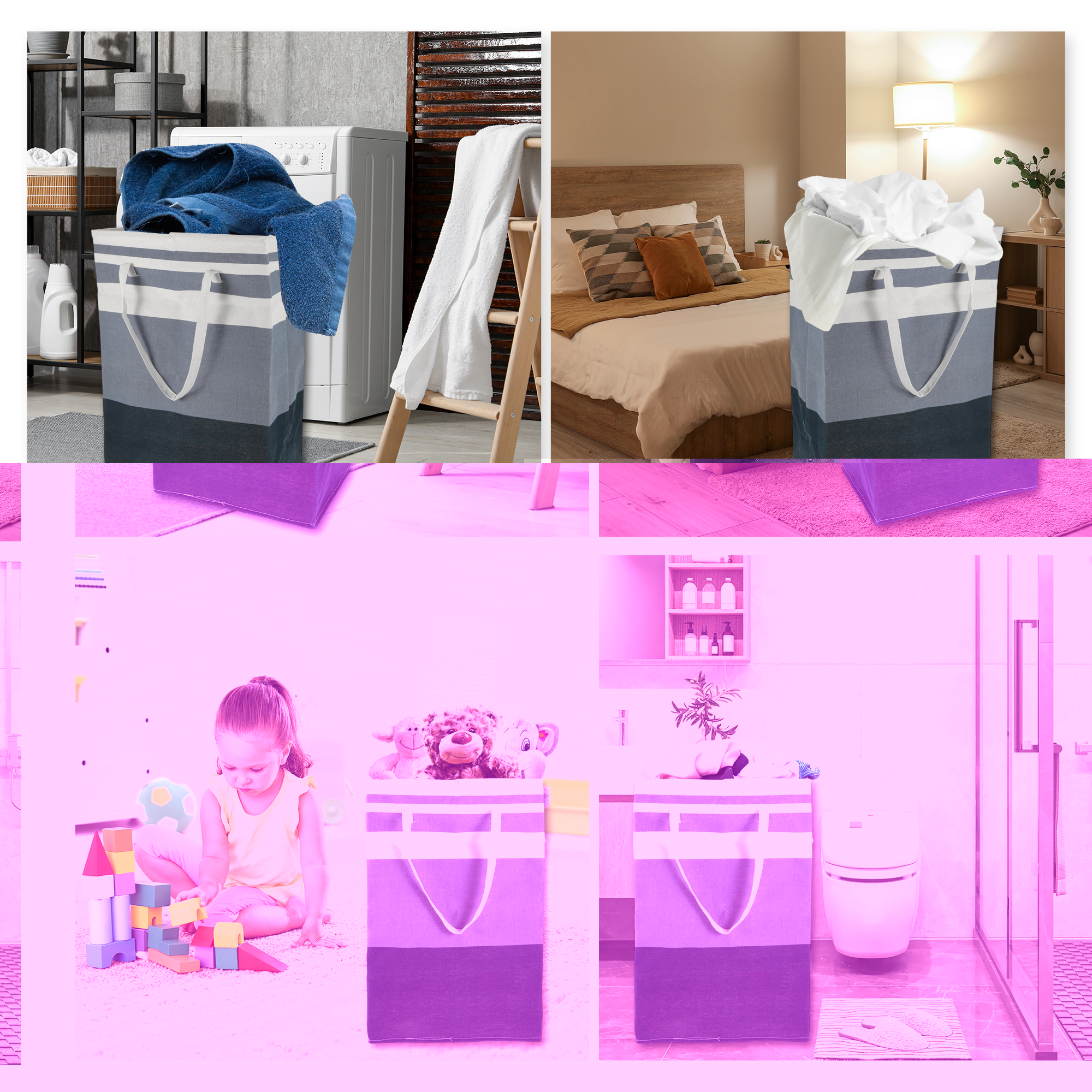 Unique Bargains Laundry Basket, Foldable Laundry Hamper with Handles Blue White