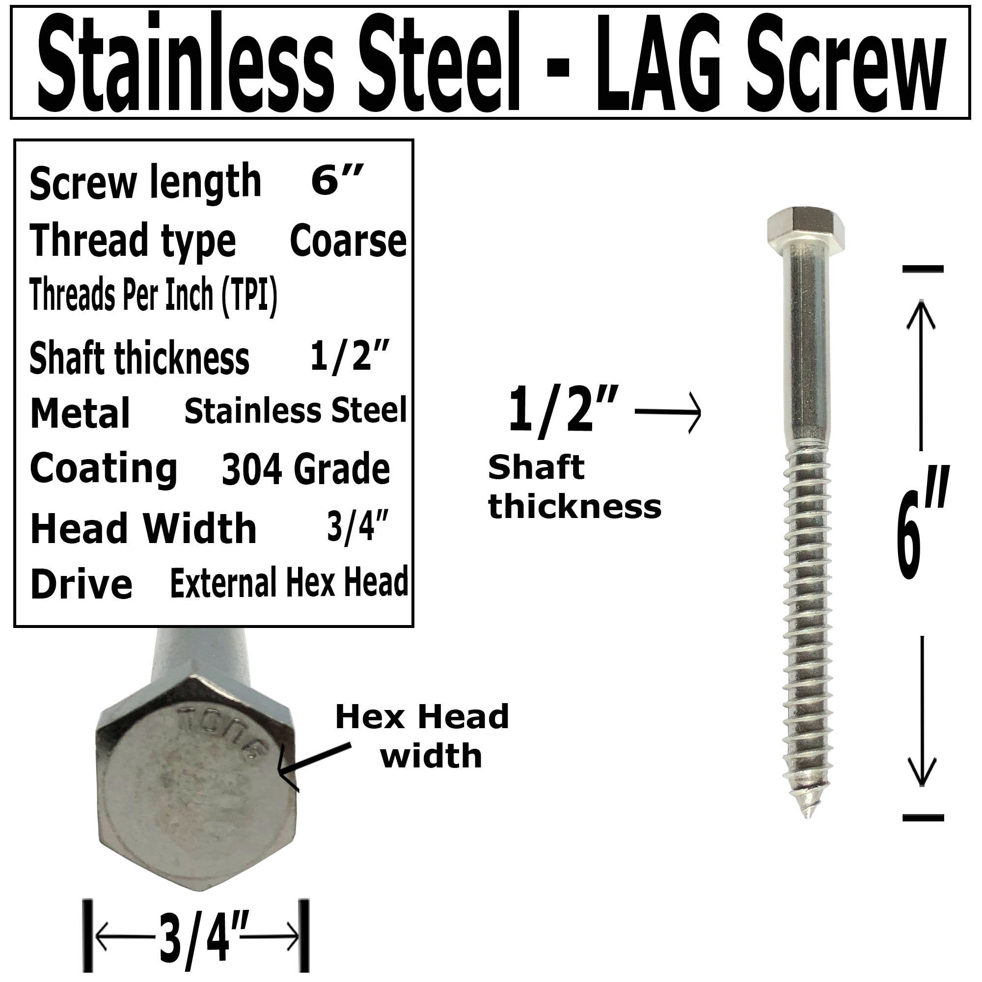 1/2" X 6" - 304 Grade Stainless Steel lag screws, Hex head fasteners, stainless steel screw. Use as Construction, wood, metal, lag screw or mounting screws fasteners lag bolts. Heavy duty screws. 10