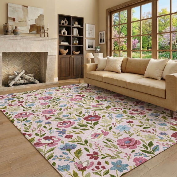 Addison Rugs Mayfield Premium Machine Washable Transitional Floral Pink Rectangle Rug, 10' x 14'