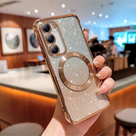 For Samsung Galaxy S25 Magnetic Gradient Glitter Case Compatible with Magsafe Charging Luxury Plating Cute Bling Clear Cover for Women Girls Soft TPU Slim Shockproof Phone Case,Gold