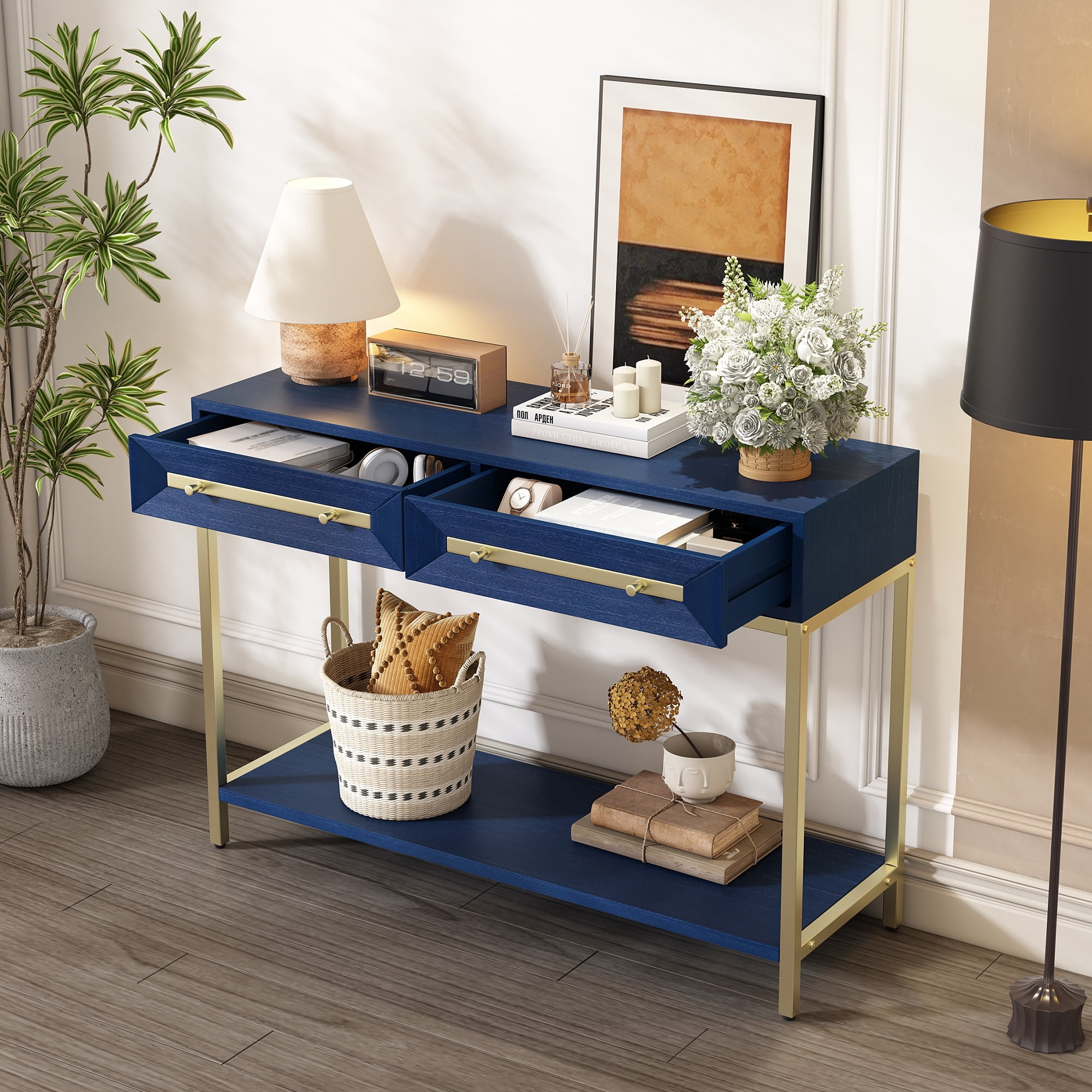 EUROCO 45.5" Console Table,Wood Narrow Entryway Table with 2 Drawers and Open Storage Shelf,Retro Hallway Table Sofa Table for Hallway,Living Room,Navy
