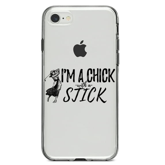 DistinctInk Clear Shockproof Hybrid Case for iPhone 7 8 SE (2020 Model) 4.7" Screen TPU Bumper Acrylic Back Tempered Glass Screen Protector - I'm a Chick with a Stick Golf