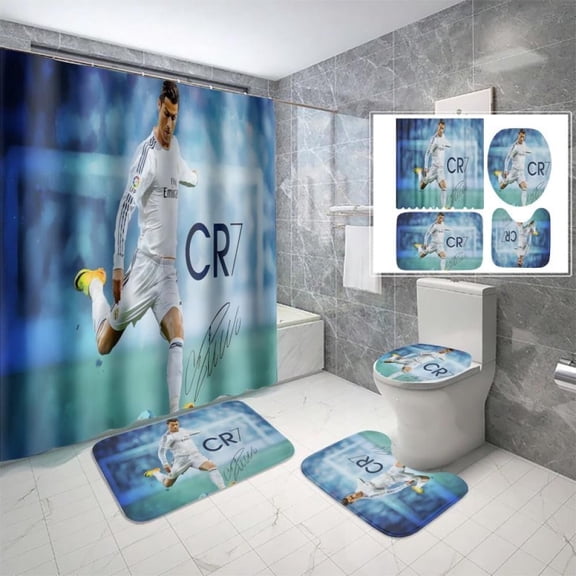 Lheaggik Ronaldo Soccer  4 Pcs Bathroom Sets with Shower Curtain and Rugs, Waterproof Polyester Shower Curtain Sets with Hooks