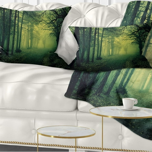 Designart Green Light in Thick Mist Forest - Landscape Photography Throw Pillow - 12x20