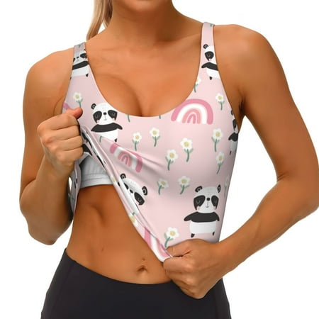 Qokaie Cute Cartoon Panda Pattern Womens Scoop Neck Sports Bra Breathable Workout Vest Padded U Back Medium Impact Fitness Gym Yoga Bra Workout Crop Top