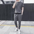 thumbnail image 3 of Conjuntos de camiseta y pantalones para hombre, novedad, estilo coreano, liso, elegante, básico, liso, estilo vintage, top 5xl, 3 of 4