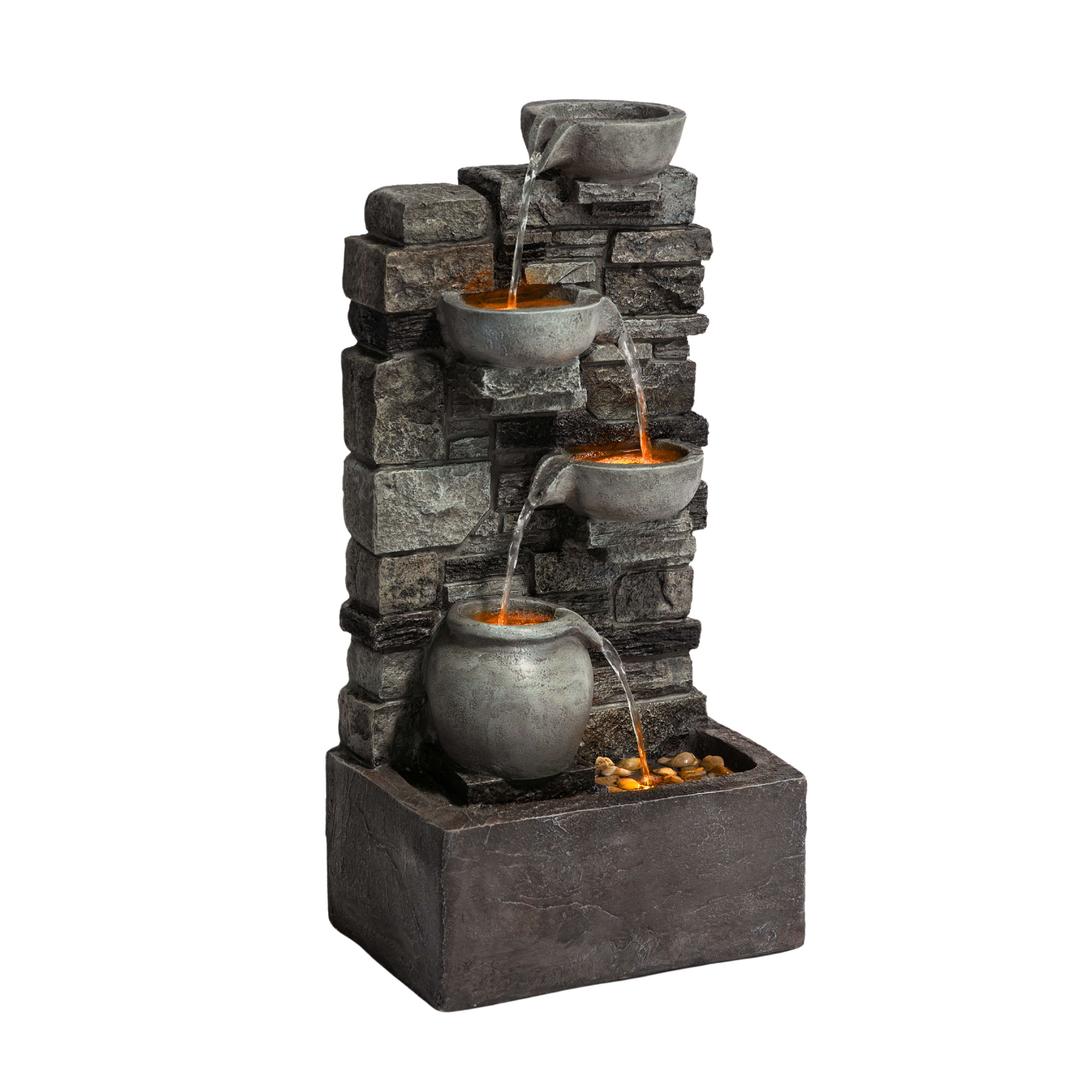 Teamson Home 28.5" Outdoor 4-Tier Stacked Stone Cascading Water Fountain with LED Lights, Gray