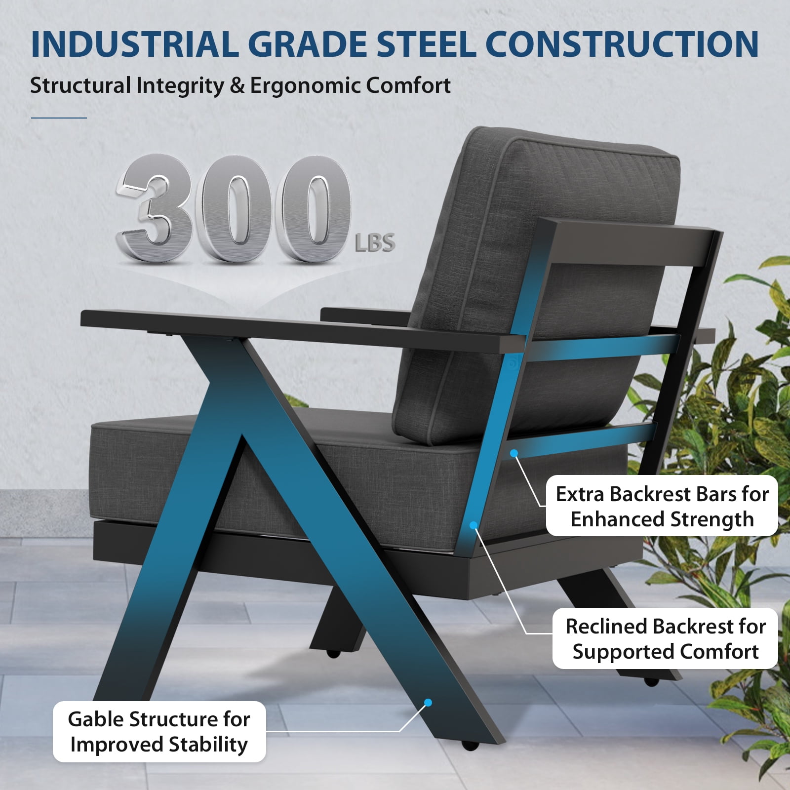COOS BAY Iron Luxe 2 PCS Modern Outdoor Aluminum Patio Chairs, Black/Gray