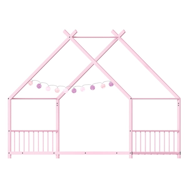Pink Flat Bed House Shape with Side Guardrails Twin Children's Iron Bed
