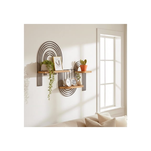 Loopy Wall Mounted Storage Organizer for Home Decor - Wood with Metal Frame Hanging Storage for Living Room, Bedroom, Office or Entryway Display - Wall Shelf for Framed Art - 18", Brown & Black
