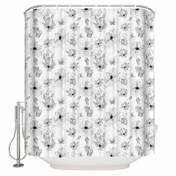 Fabric Shower Curtain, Black Minimalist Ink Wash Spring Plant Flowers Shower Curtains with 12 Hooks Waterproof Machine Washable Bath Curtains for Bathroom,54 x 78in