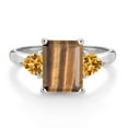 thumbnail image 2 of Gem Stone King 10K White Gold Brown Tiger Eye and Yellow Citrine 3 Stone Engagement Ring for Women (2.42 Cttw, Emerald Cut 9X7MM, Gemstone Birthstone, Size 10), 2 of 4