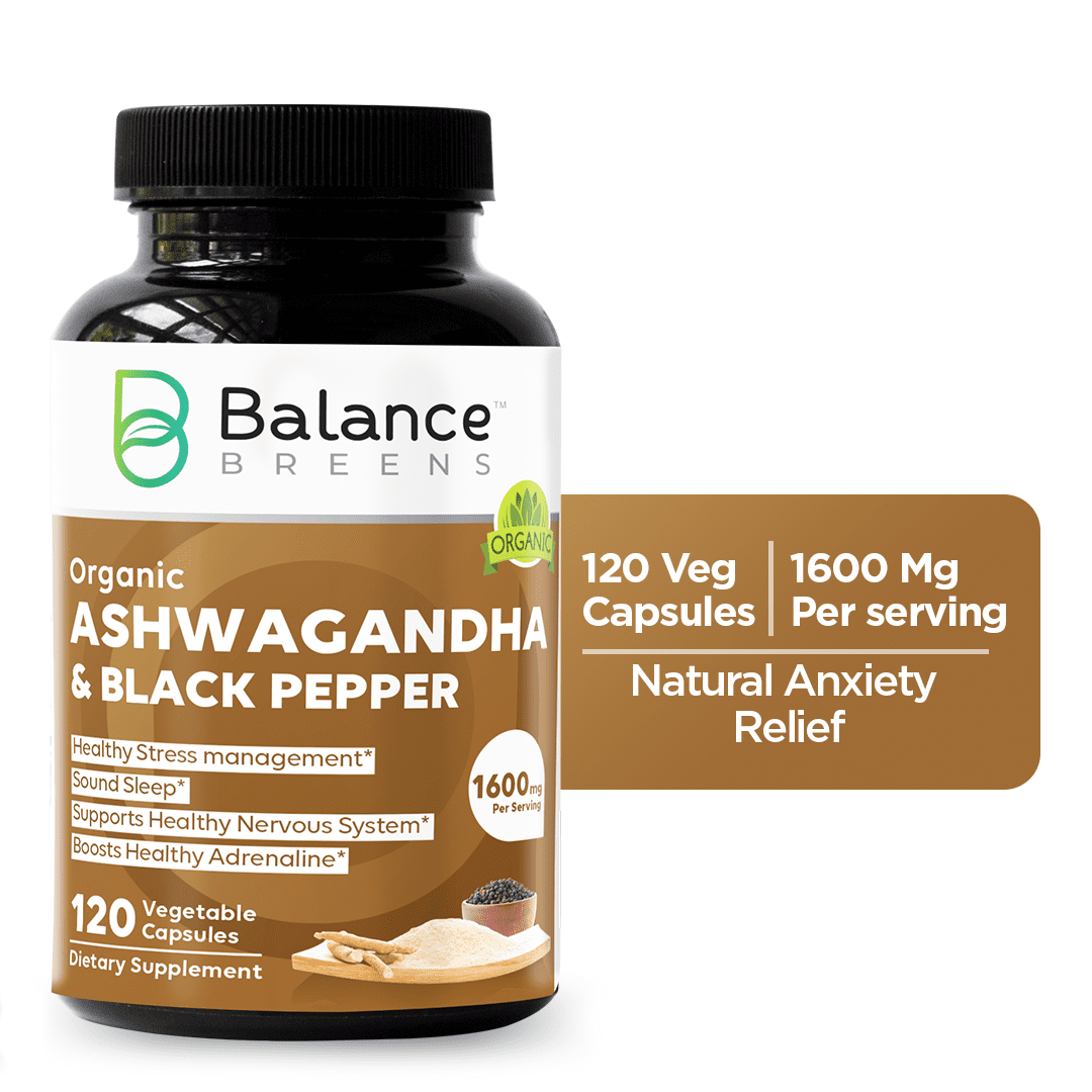 Balance Breens Organic Ashwagandha 1600mg with Black Pepper Supplement - 120 Capsules  - Stress and Anxiety Relief - Gluten Free & Non-GMO