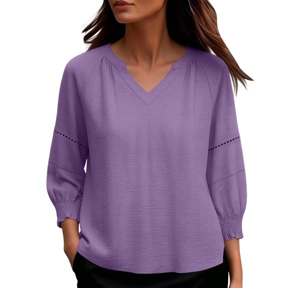 JOANKDMI Women's Solid Basic Tees V Neck 3/4 Sleeve Tops Casual Loose Fit Shirts Dressy Blouses with Ruched Cuffs Details Fall Fashion Everyday Outfit