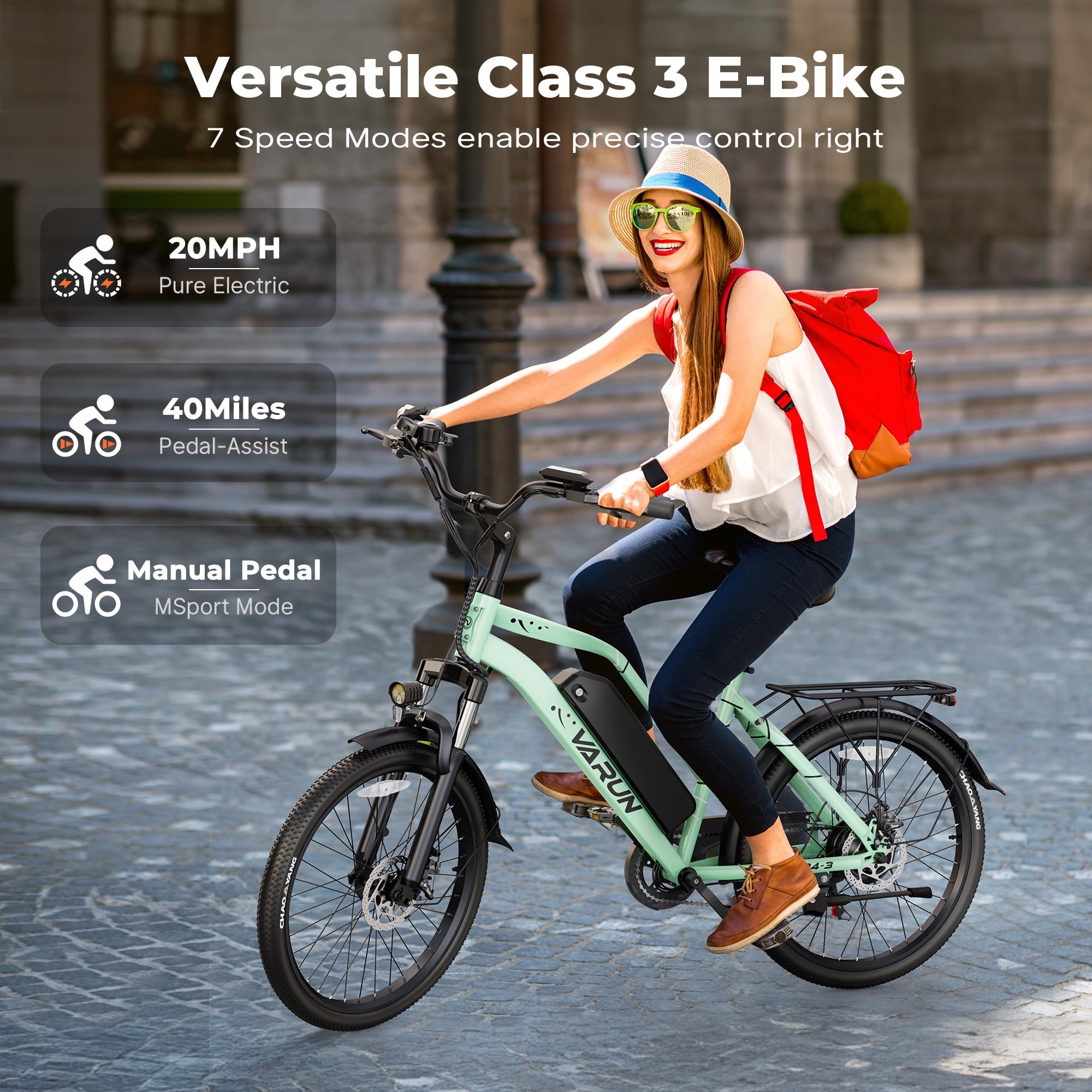 VARUN 24" Electric Bike for Adults - 750W Peak Motor, 48V Removable Battery (40 Miles Range), 20MPH, 7-Speed Gears, Dual Disc Brakes, LED Taillight - Commuter E-Bike for Men & Women, UL2849