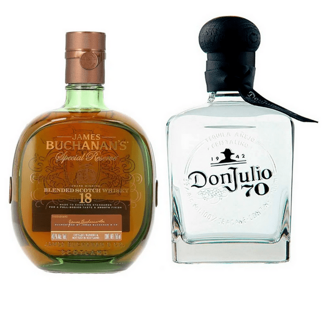 PAQUETE DE WHISKY BUCHANANS 18 750ML TEQUILA DON JULIO 70 CRISTALINO AÑEJO 750ML