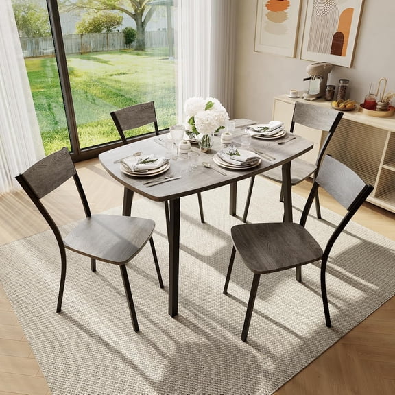 5 Piece Dining Table Set for 4, 43 Inch Kitchen Table and Chairs Set of 4, MDF Square Dining Room Table Set with Rounded Corners, Steel Tube Legs, Space Saving for Small Apartment, Gray