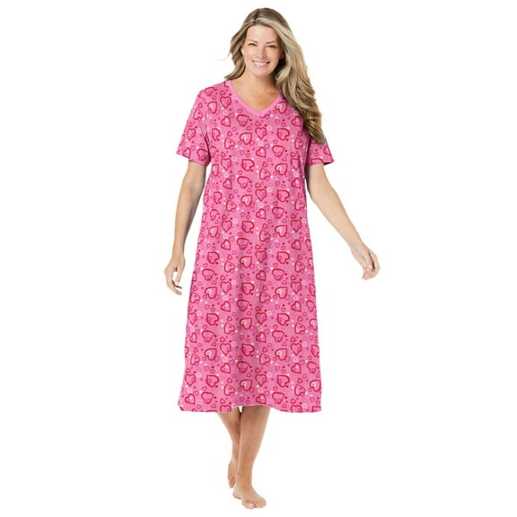 Dreams & Co. Plus Size V-Neck Short Sleeve Midi Cotton Sleep Shirt