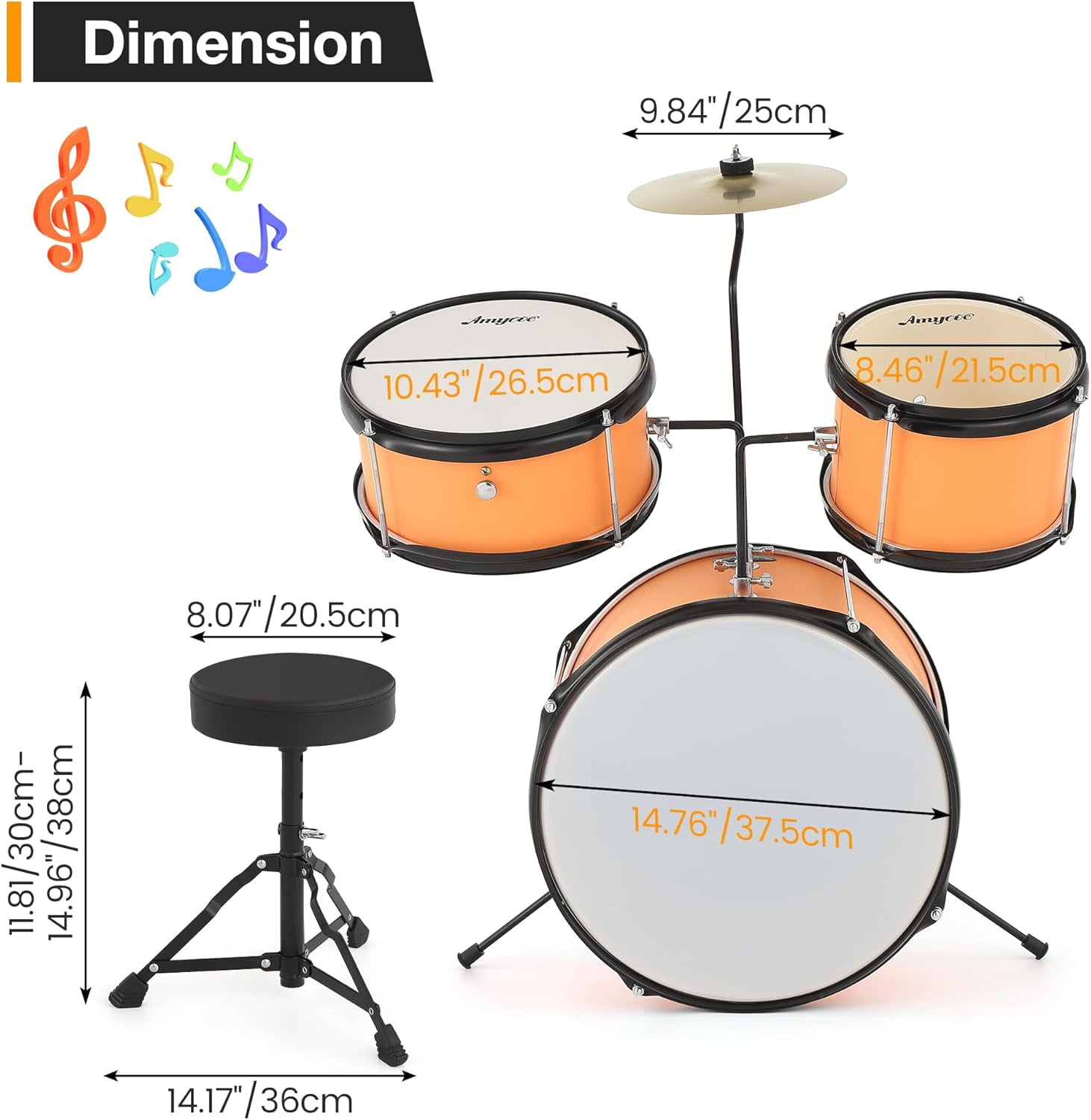 Drum Set, 1 Wood/Metal AD 150 Three Drums Set, Jazz Rock Includes Bass, 2 Toms, Cymbal, Sticks, Bass Pedal and Stool, Percussion Musical Instrument Birthday Playsetl