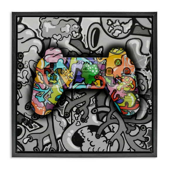 Stupell Industries Urban Patterned Controller Entertainment Painting Black Floater Framed Canvas Art Print Wall Art, 18 x 18