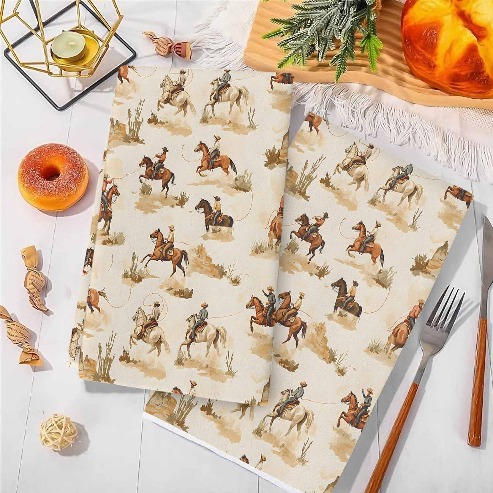 Western Cowboy Kitchen Towels Set of 2, Vintage Country Horse Plants Art Soft Microfiber Dish Towels, Absorbent Quick-Dry Washable Dishcloths for Kitchen Cleaning, Drying Dishes, 18x28 Inches