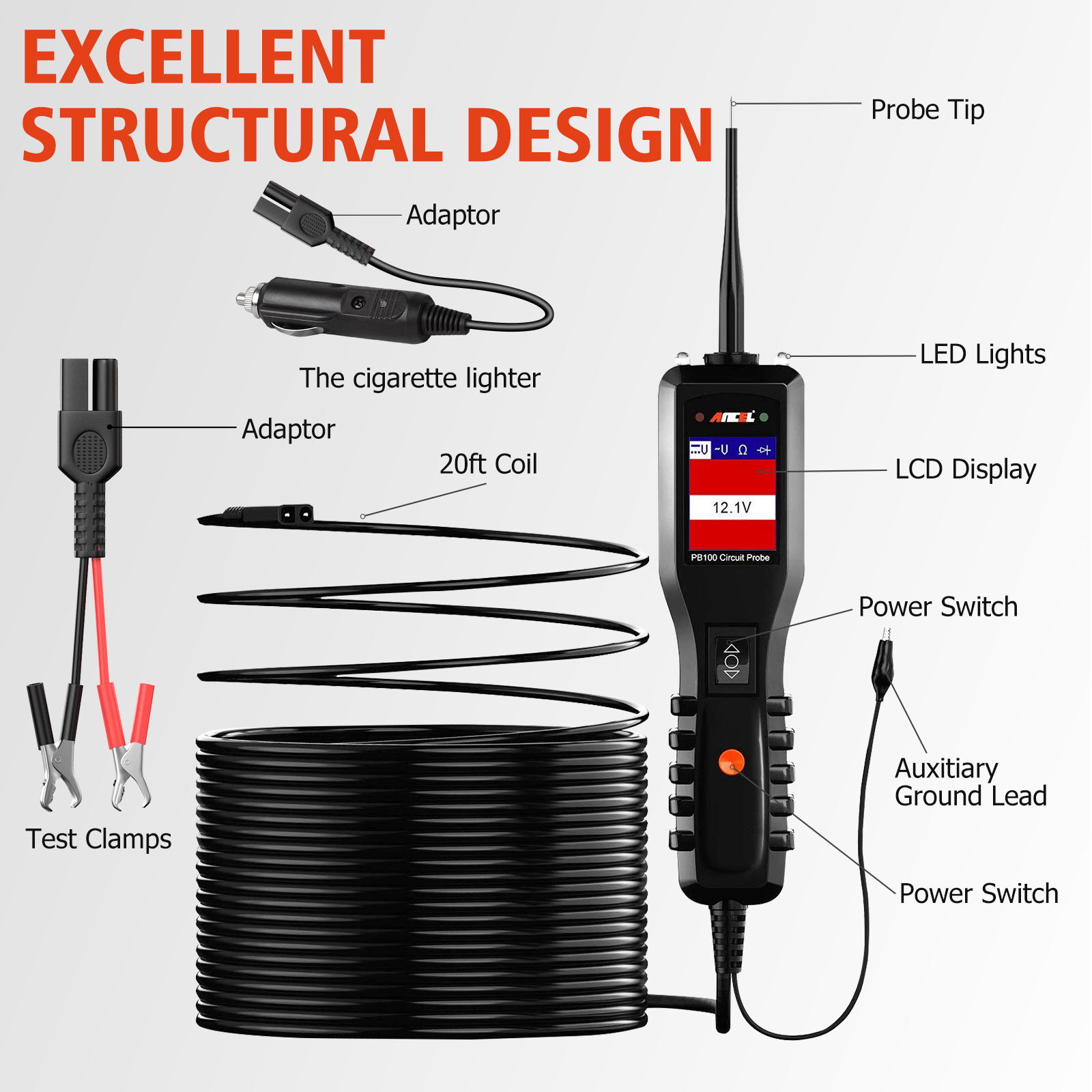 ANCEL PB100 Power Circuit Probe Tester Kit, 12-24V Automotive Electrical Short/Open Breaker Finder, AC/DC Diode Resistance Digital Voltage Tester, 40FT Cable