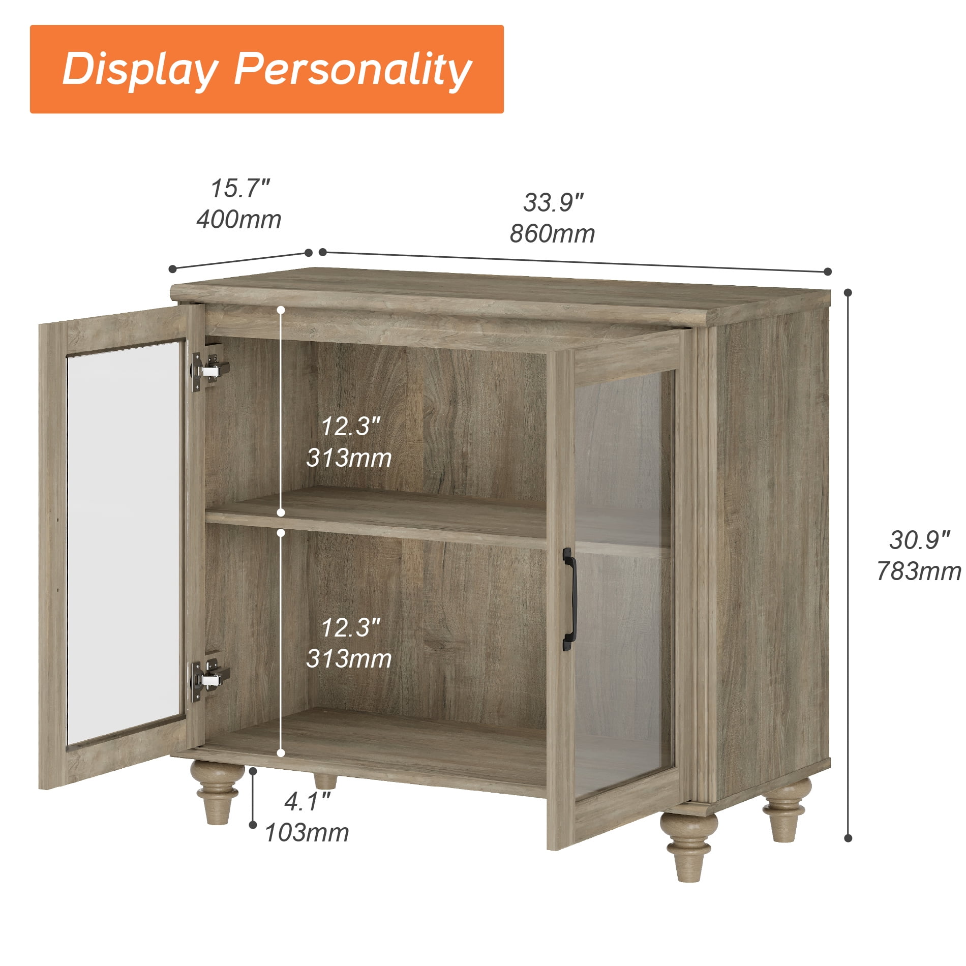 Buffet Cabinet with Glass Door, Kitchen Storage Cabinets with Adjustable Shelf, 34 inch, Wash Gray