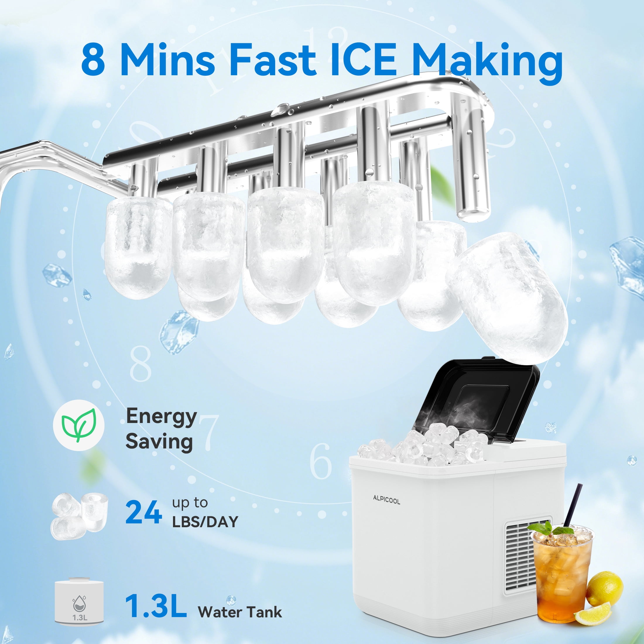 Alpicool Nugget Ice Maker 9 Bullet Cubes in 8 Mins, 24lbs/24H, 12V/24V/240V Portable Ice Machine with Basket and Scoop, for Home/Car/Kitchen/RV/Camping/Bar