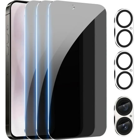 [3+3Pack] Privacy Screen Protector for iPhone 16/iPhone 16 Plus/iPhone 16 Pro/iPhone 16 Pro Max(Optional) with Camera Lens Protector Full Coverage Anti-Spy Tempered Glass Film 9H Hardness