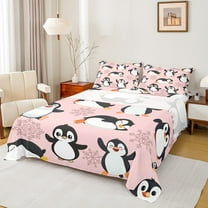 Manfei Cute Cartoon Penguin Full Size Sheets 4-Piece, Kawaii Animal Bed Sheets, Pink Snowflakes Sheet Sets, Luxury Bedroom Decor