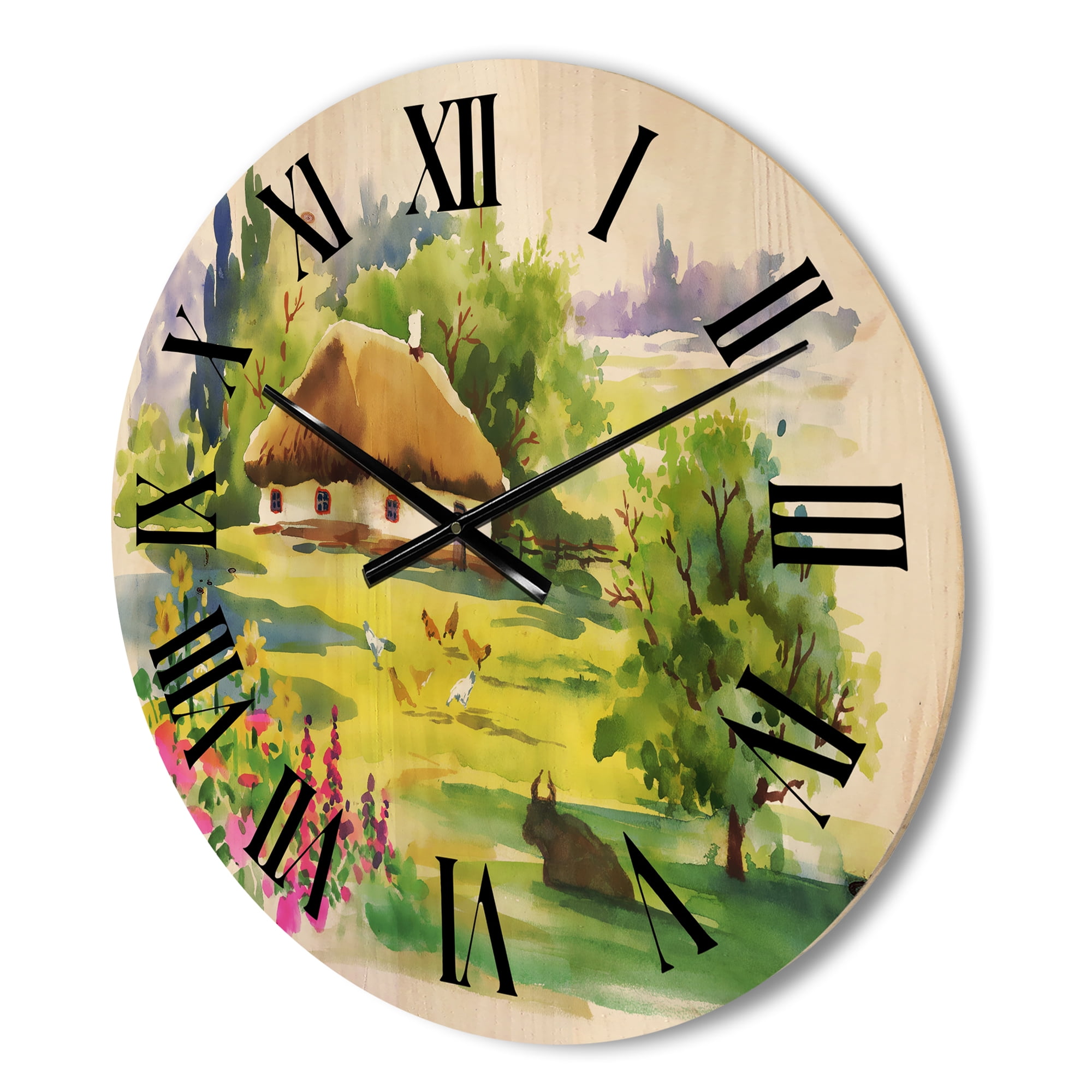 Designart 'Blossoming Greenlands And A Rural House' Traditional Wood Wall Clock
